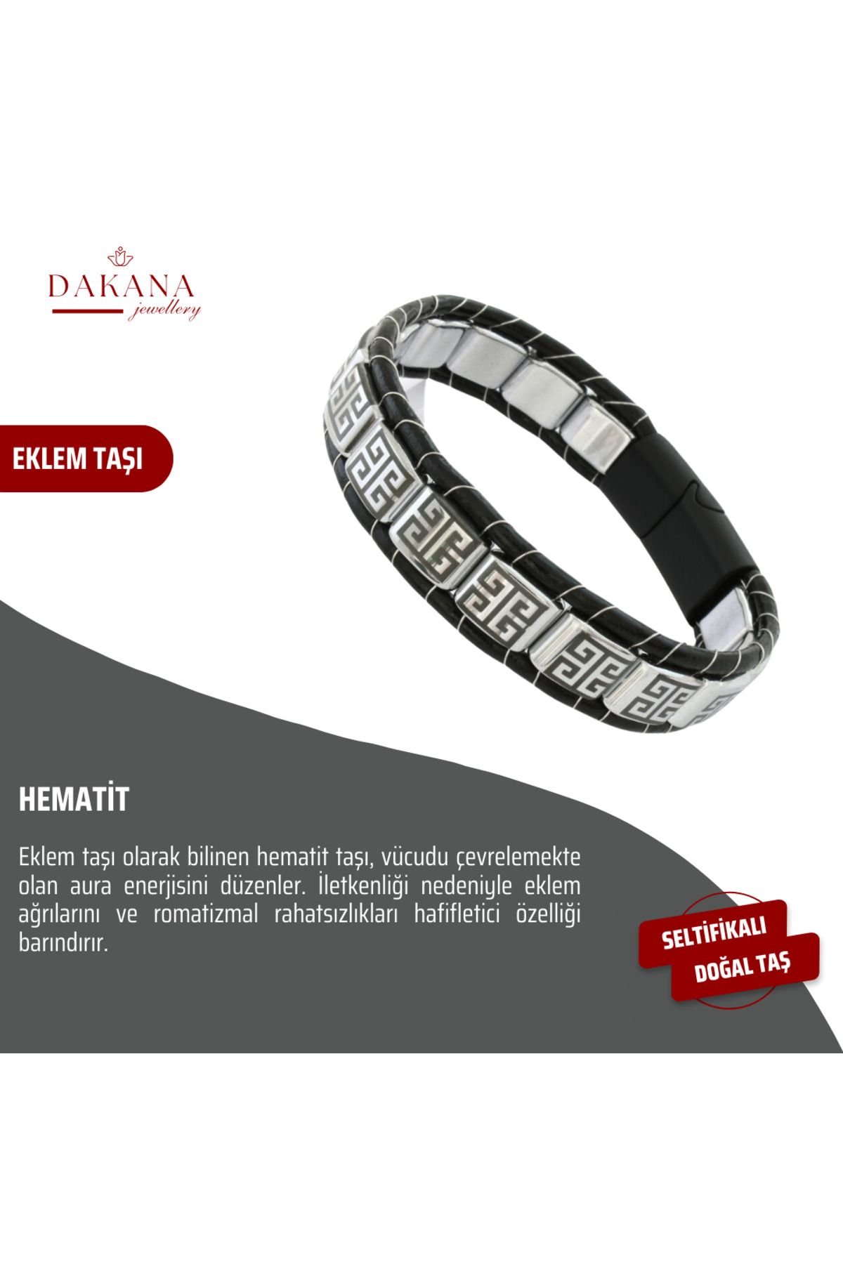 DAKANA JEWELLERY İşlemeli Hematit Taşı Erkek Model Siyah Deri Bileklik