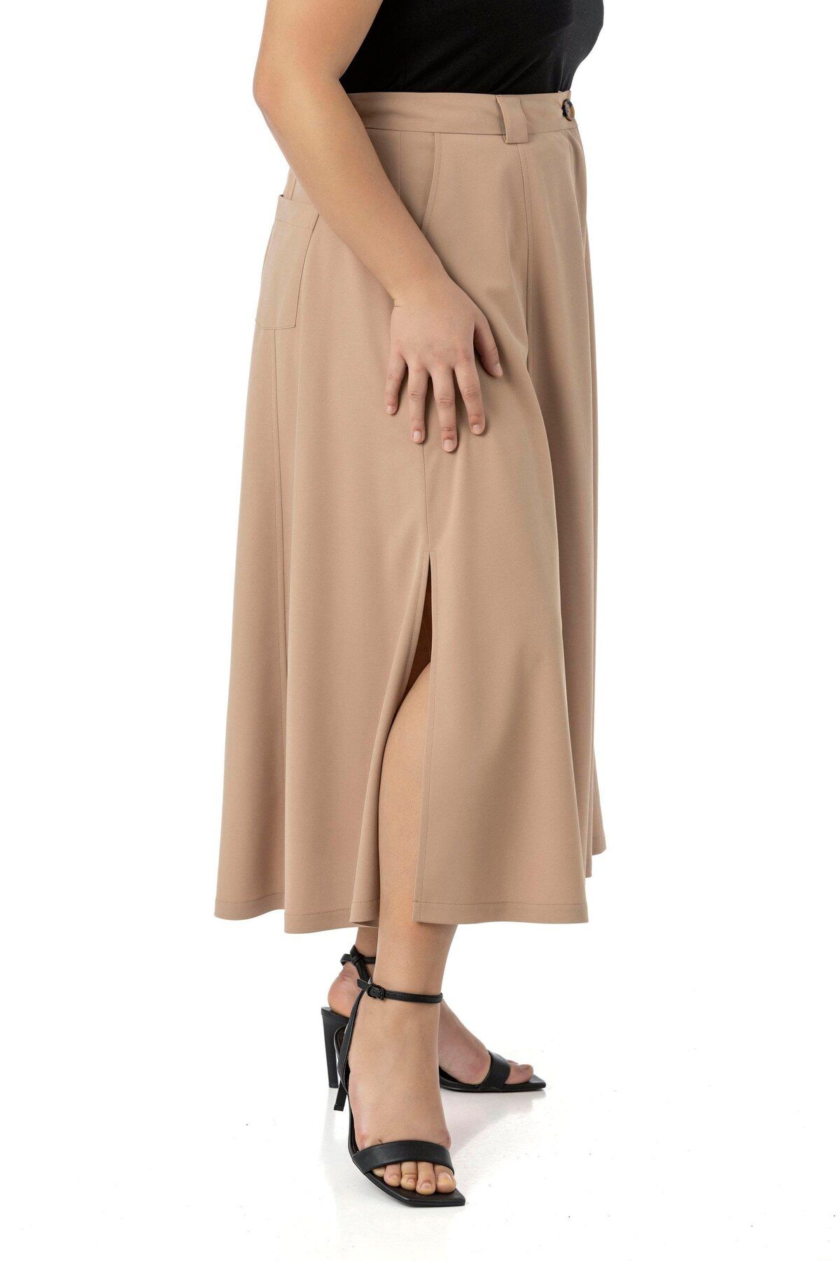 DISENTIS MODEST-Plus Size Side Slit Elastic Waist Back Midi Mink Skirt 4