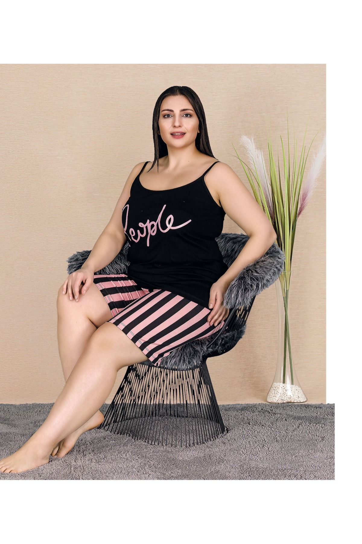 Lady Lingerie Battal Beden Pamuklu İp Askılı Şortlu Kadın Pijama Takımı