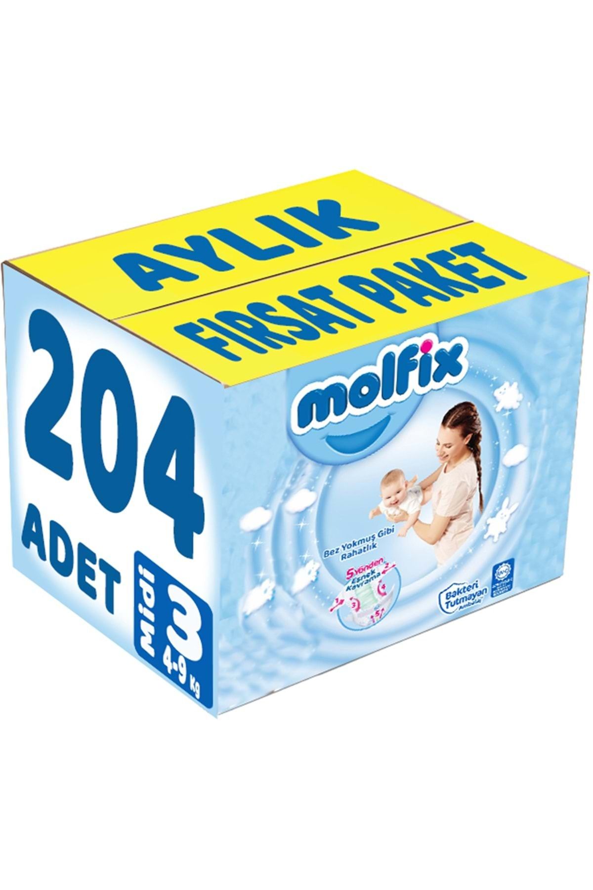 Molfix Bebek Bezi Beden:3 (4-9Kg) Midi 204 Adet Aylık Fırsat Pk