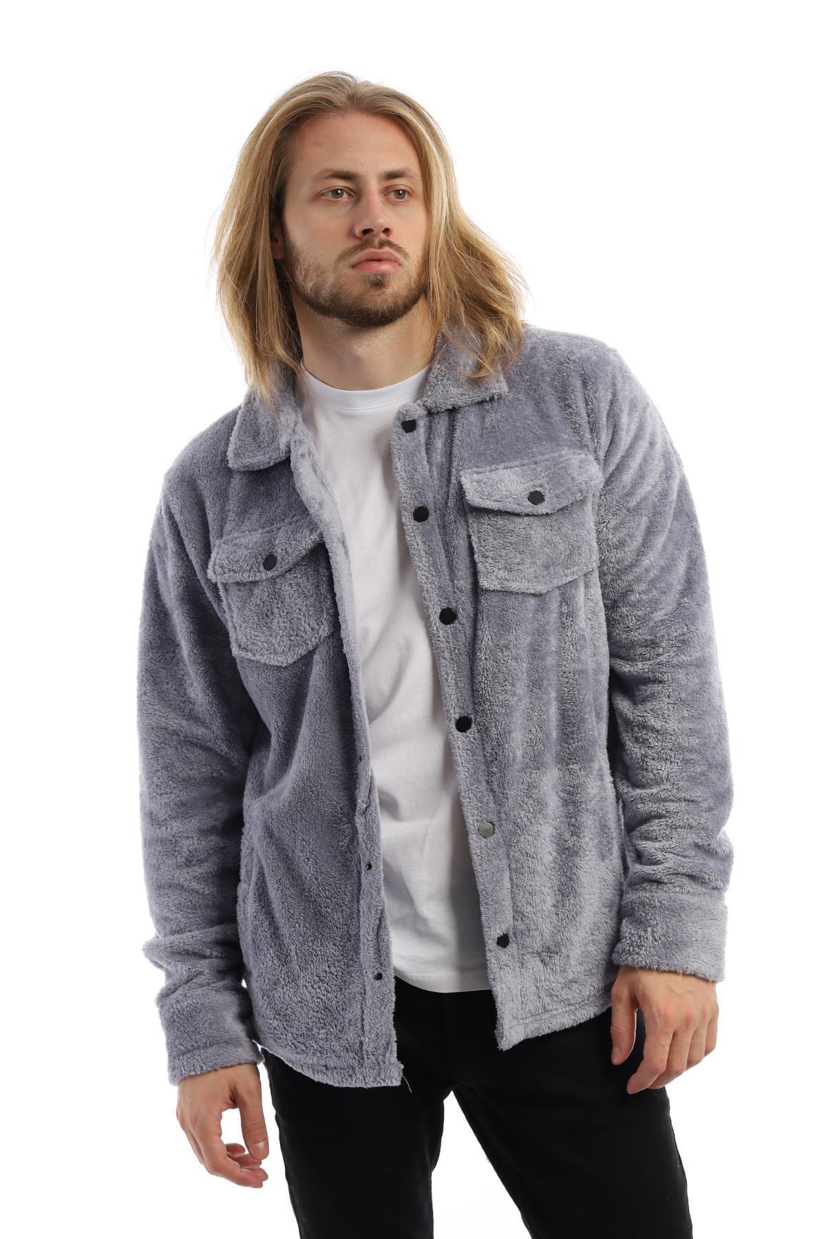 Erkek Çıt Çıt Detaylı Cepli Peluş Ceket Gri-Mavi