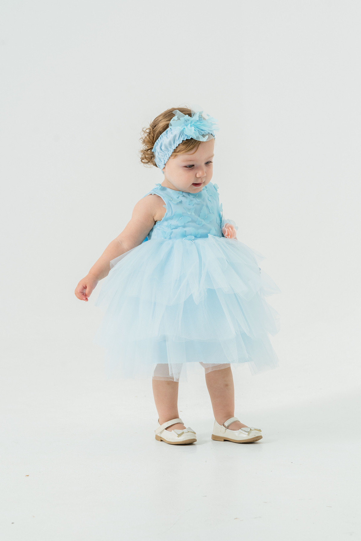 Eray Kids Kız Bebek Abiye Elbise Kelebekli Kat Kat Etekli Toka Hediyeli fotoğrafı 4 (önizleme)