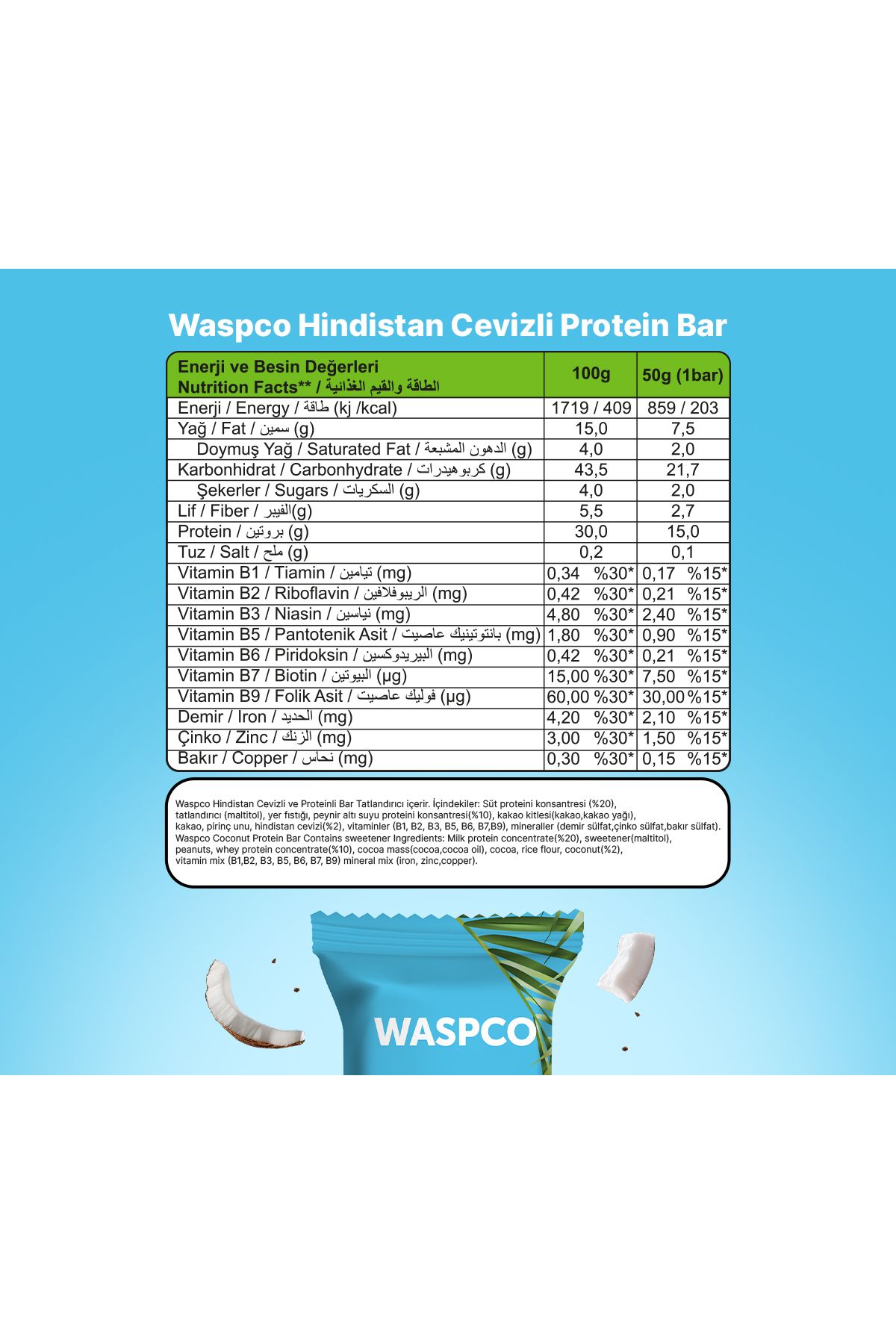 Wasp Hindistan Cevizli Yüksek Protein Bar 50g X 12 Adt-6