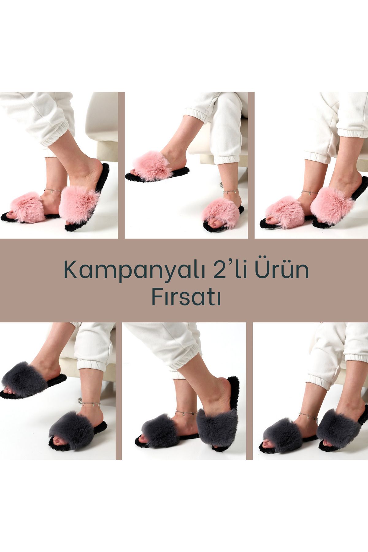 olgun slipper 2li Tüylü Şık Ev Terliği