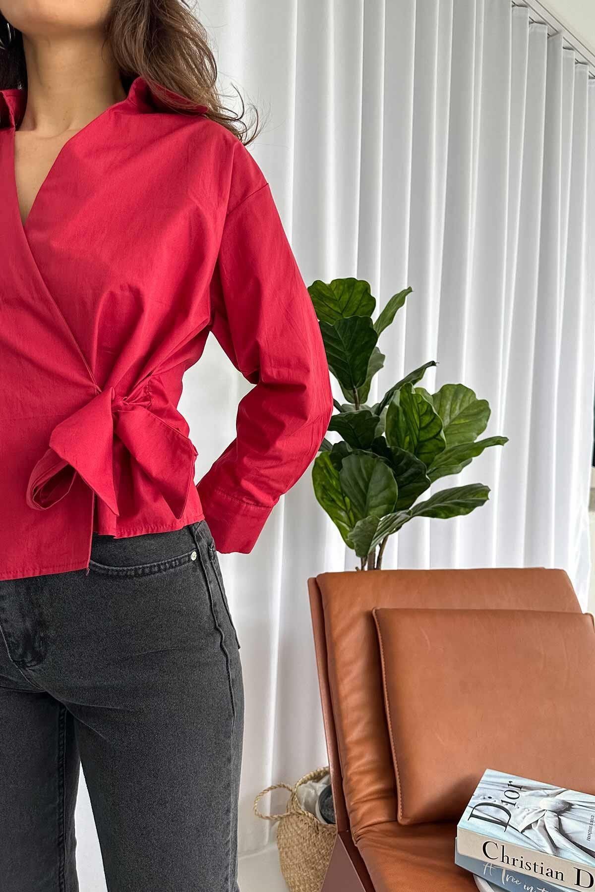 Mine Tan Butik-Burgundy Poplin Women's Shirt - Belted Waist 3