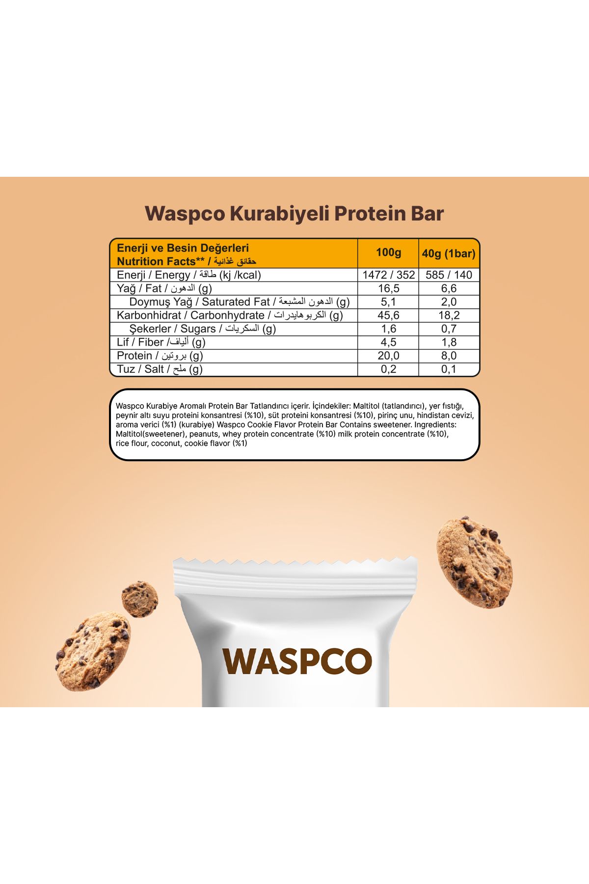 Waspco Kurabiye Aromalı Protein Bar 40g x 12 Adet-6