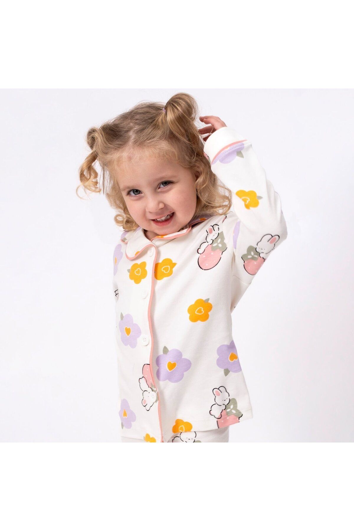 bebegen-Girl's Ecru Orange Lilac Floral Rabbit Print Double Breasted Lapel Pajamas Set 2