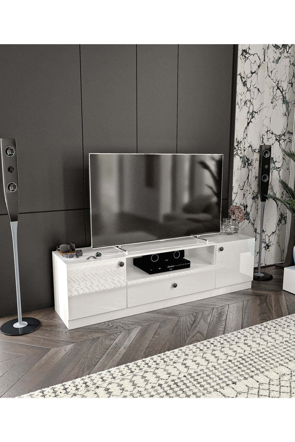 CABİNSE %100 Akri̇li̇k Mdf 2 Kapaklı 1 Çekmeceli 180cm Genişliğinde Modern Tv Ünitesi Beyaz - Antrasit