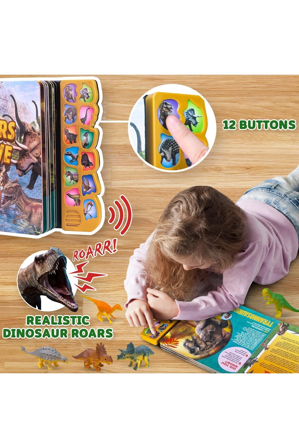 کتاب صوتی تعاملی دایناسور، ۱۲ فیگور دایناسور، صدای واضح، مناسب برای کودکان ۳ سال به بالا