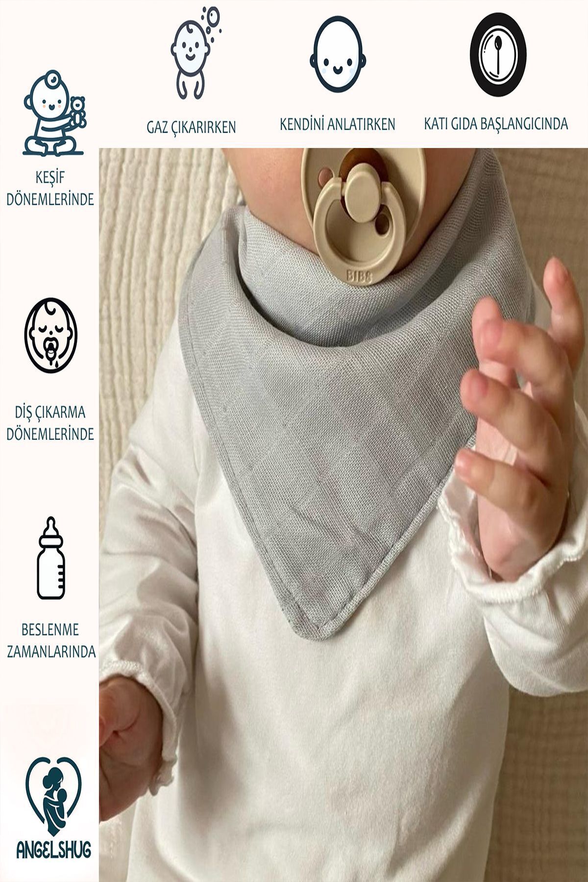 AngelsHug %100 Organik Müslin Çift Katlı Bebek Fular & Yakalık Mama Önlüğü & Salya Önlüğü Bez 12 ADET 40 CM fotoğrafı 3 (önizleme)