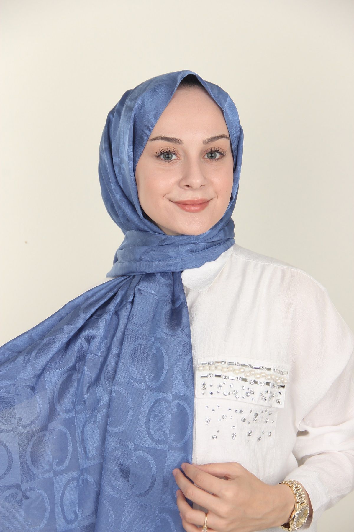 Siyane İNDİGO Siyane Scarf Halka Desen Monogram Pamuk Şal