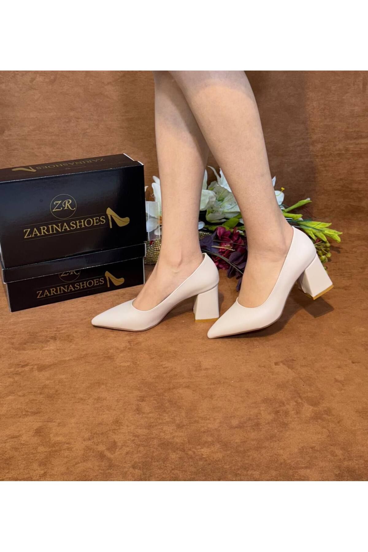 ZARİNA SHOES Kadın  bej cilt sade (7cm)kalın topuklu ayakkabı