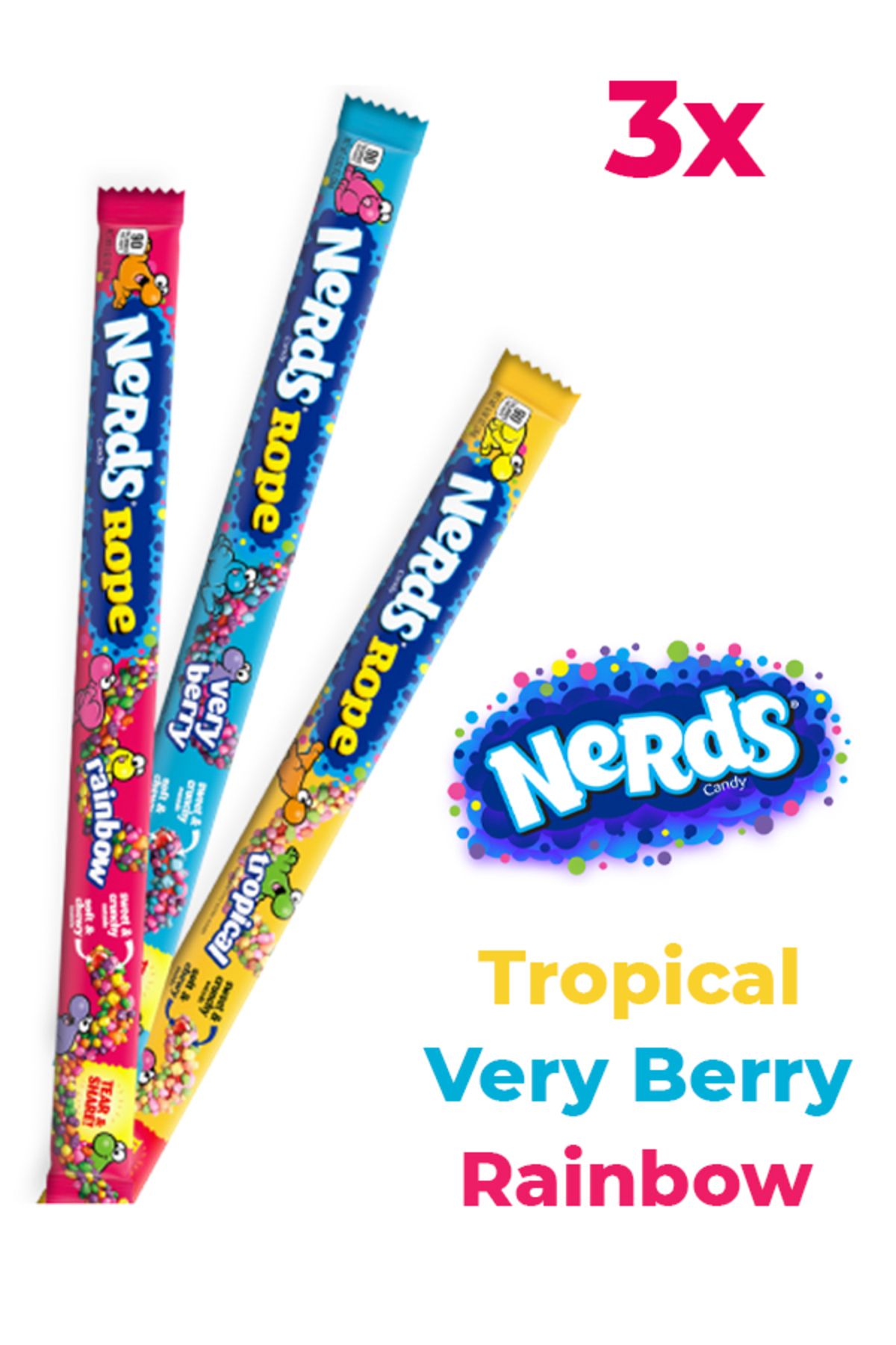 Nerds Rope Mix Pack 26g - 1x Rainbow 1x Very Berry & 1x Tropical