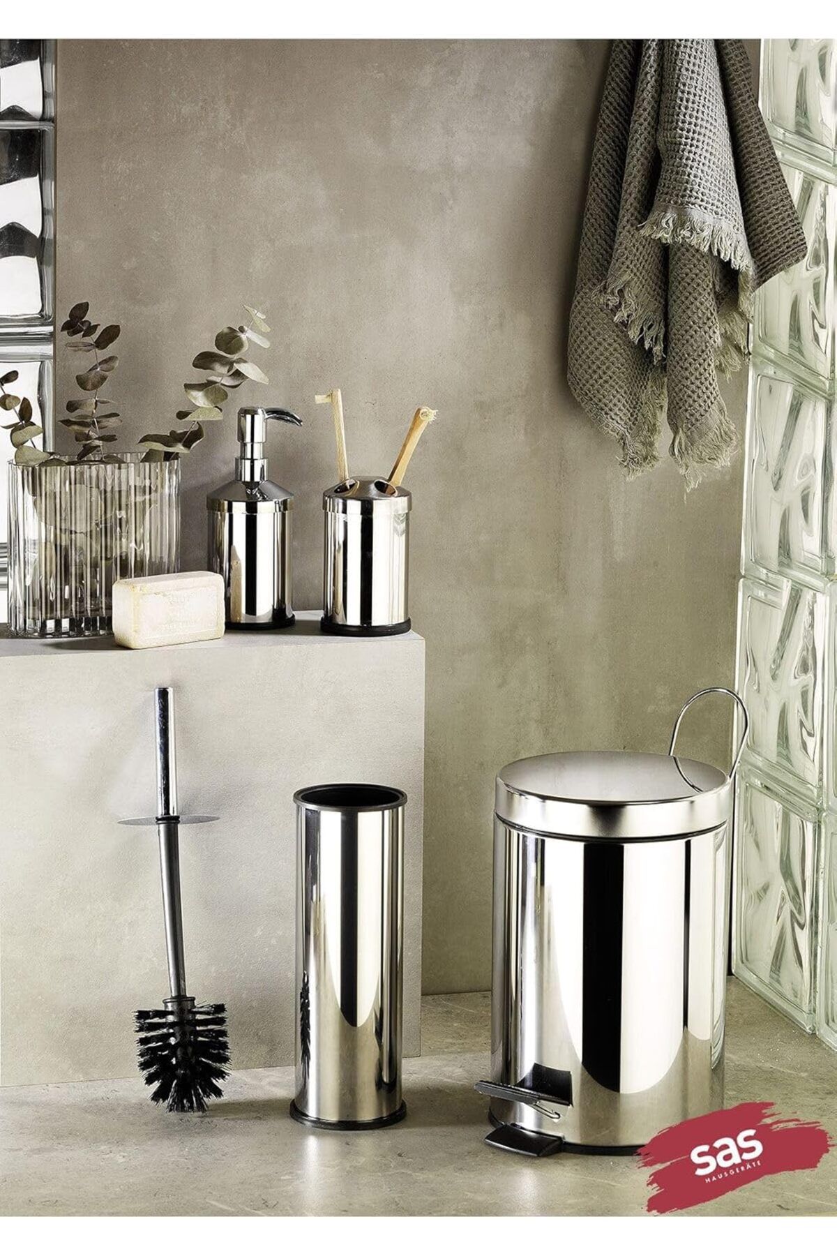 salesalbutik 4 Lü Set Pedallı Çöp Kovası Wc Klozet Fırça Sabunluk Diş Fırçalık Seti