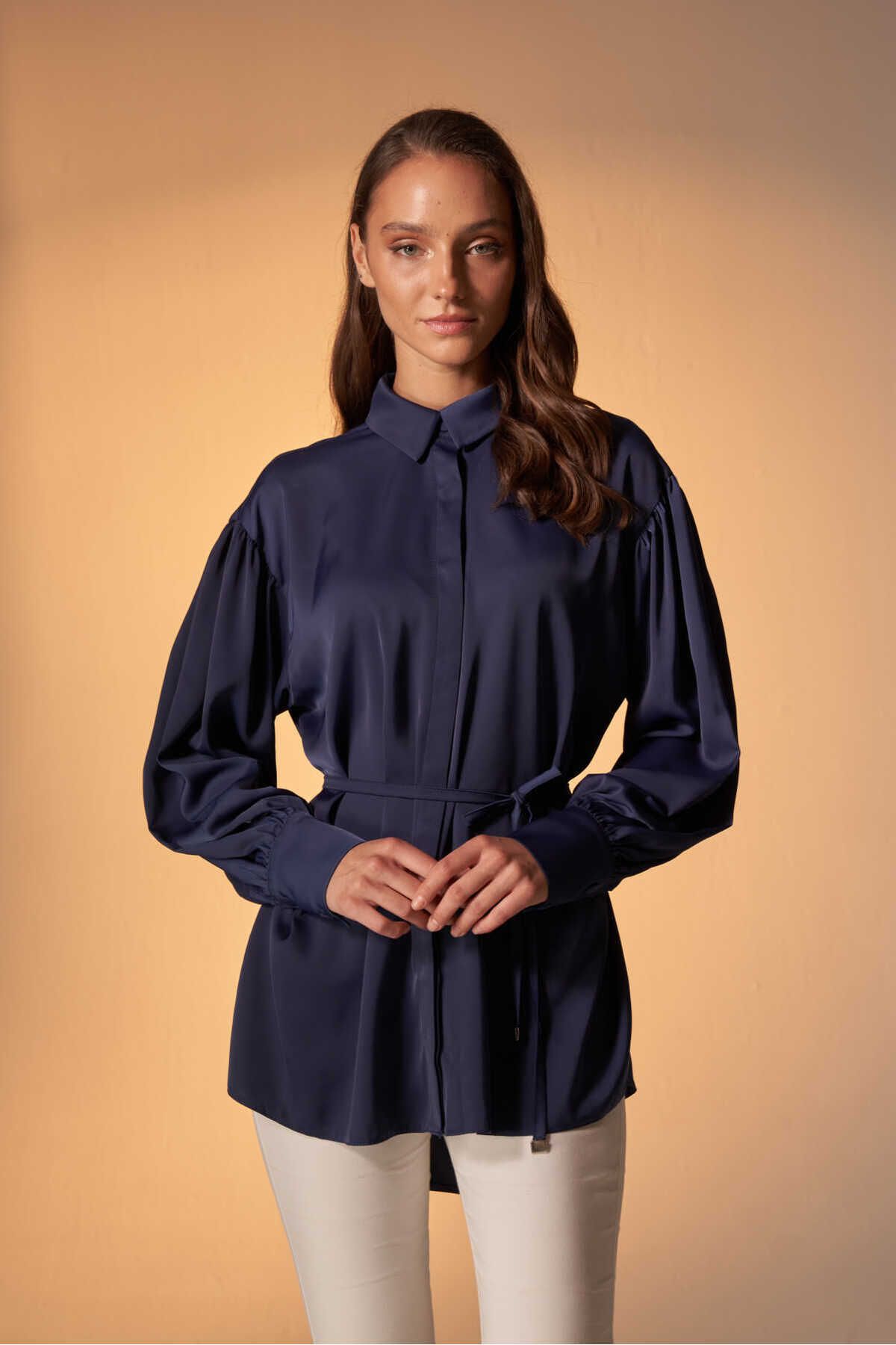 EMNORA-Navy Blue Satin Shirt - Gathered Design 1