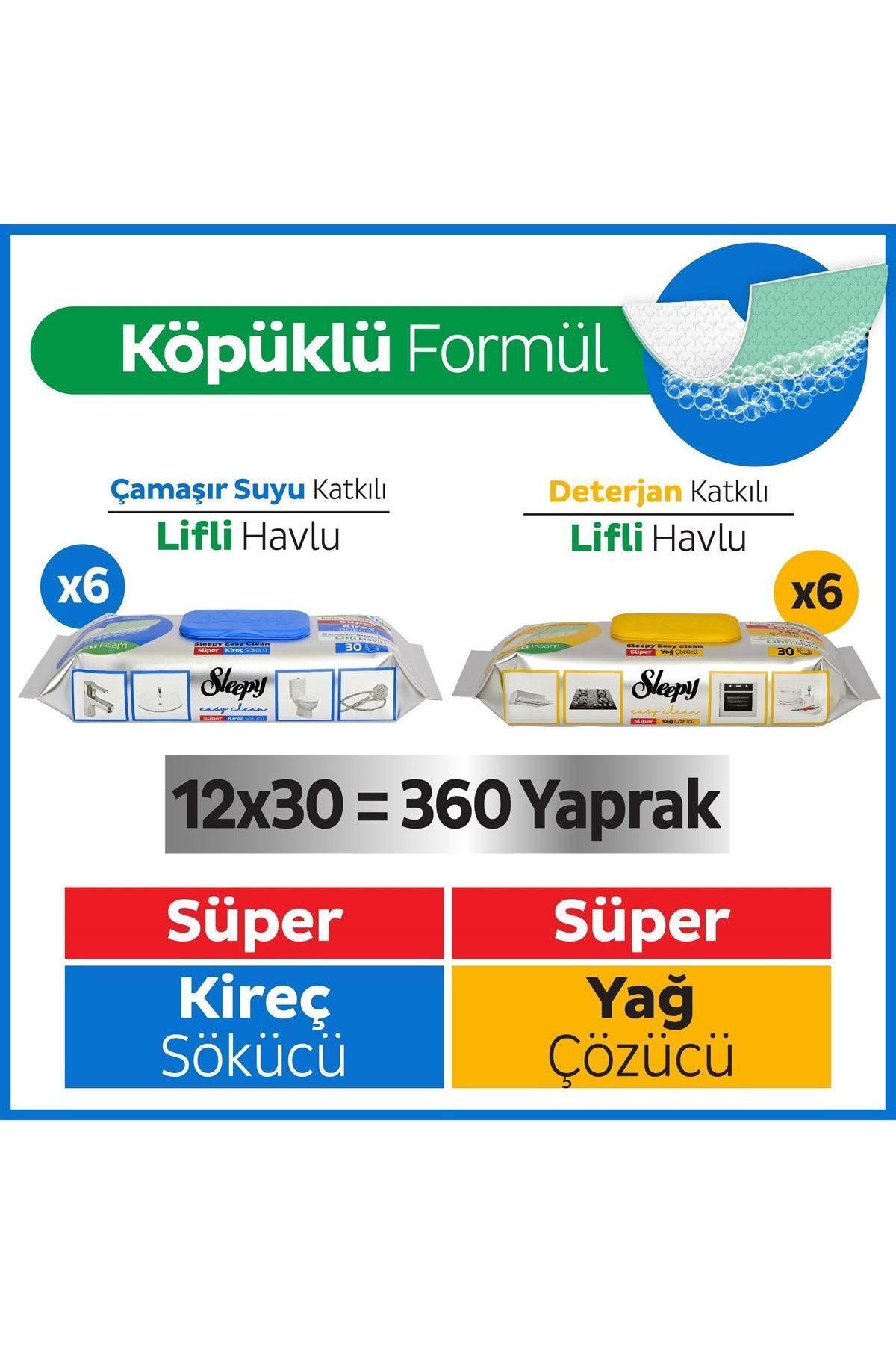 Sleepy Easy Clean Süper Yağ Çözücü&Kireç Sökücü Havlu Karma Paket 12X30 (360 Yaprak)