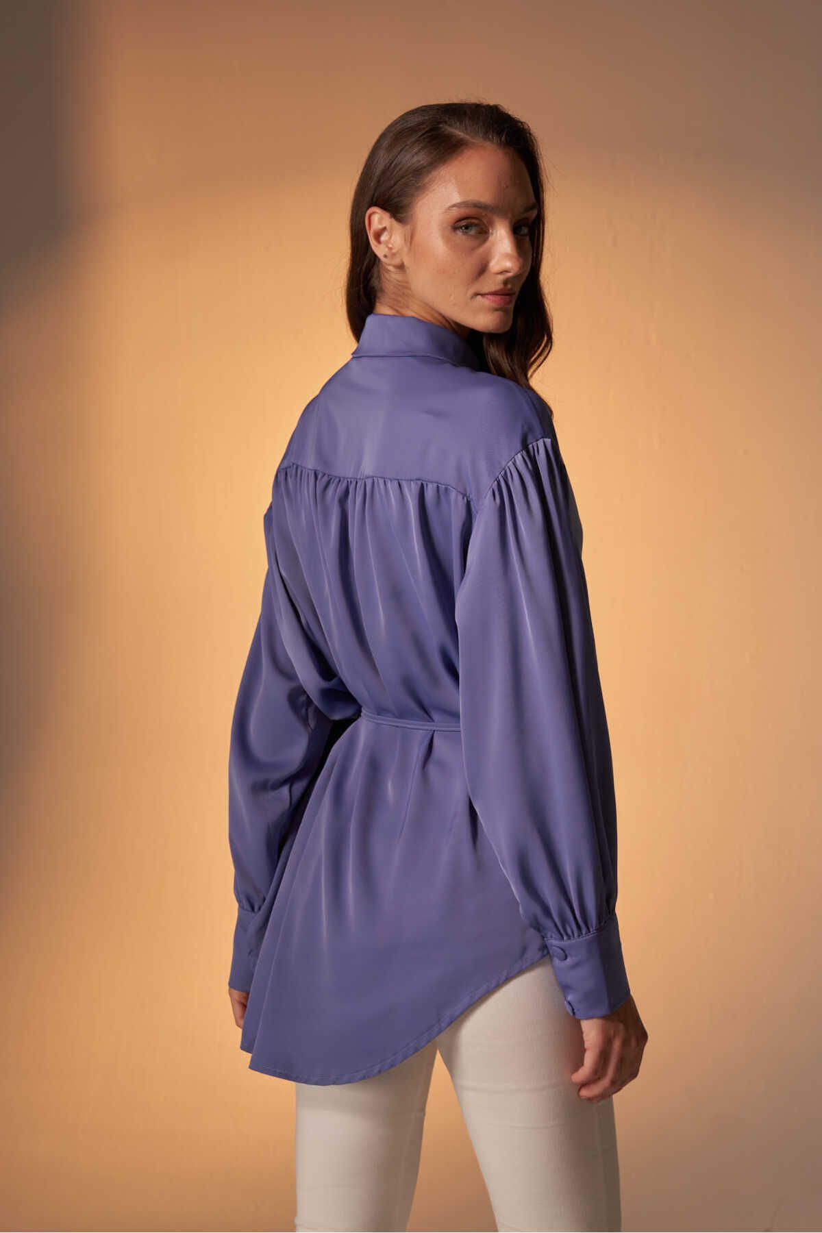 EMNORA-Satin Shirt - Gathered, Eflatun Model 6