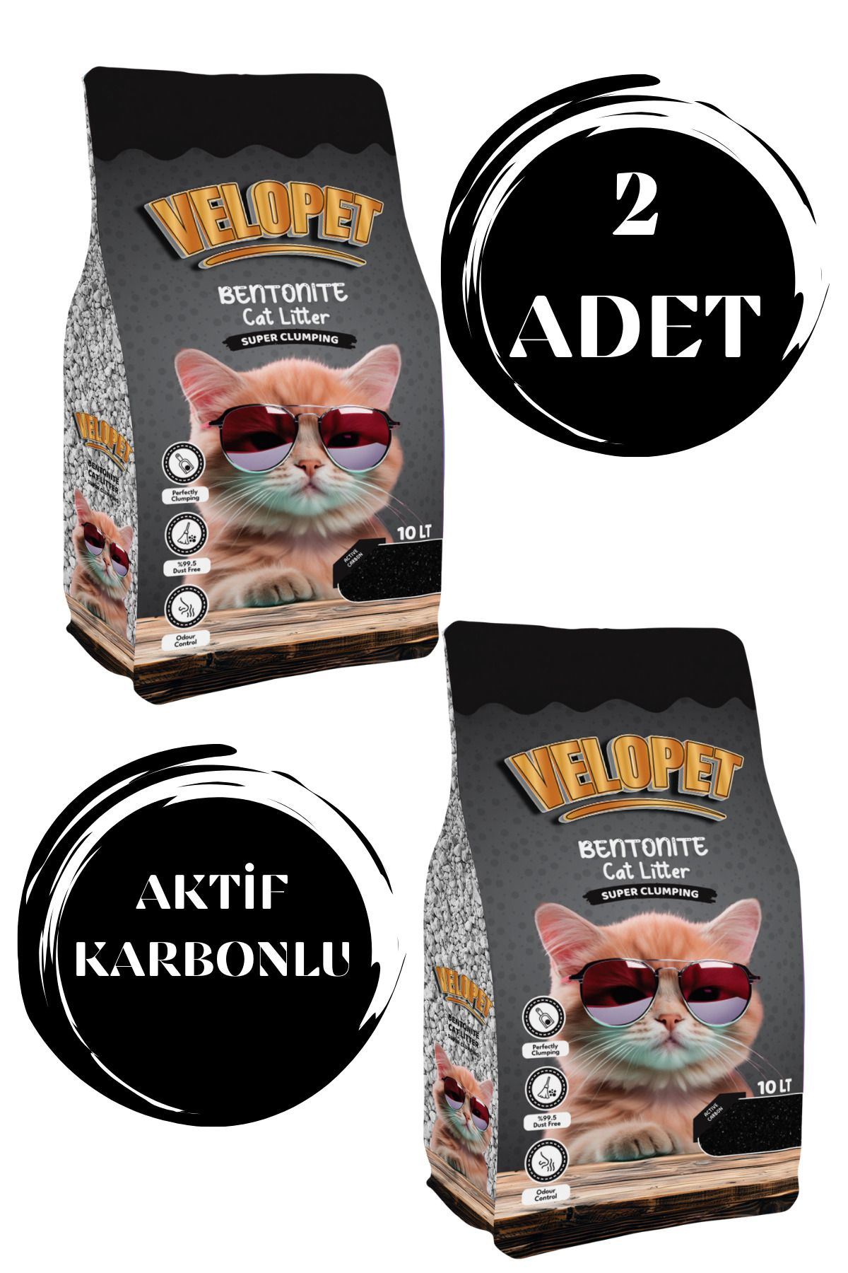 Velopet 20 Lt Aktif Karbonlu Ince Taneli Topaklanan Kedi Kumu (2x10 lt)