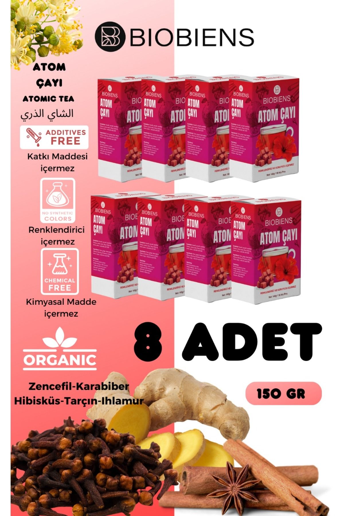 Biobiens Karanfil Zencefil Karabiber Hibisküs Tarçın Ve Ihlamurlu Küp Atom çayı 150 gr 8 li Paket