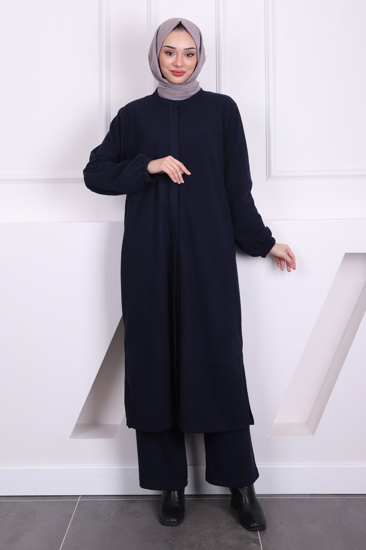 İmajButik-Navy Blue Ribbed Pants Tunic Set 3