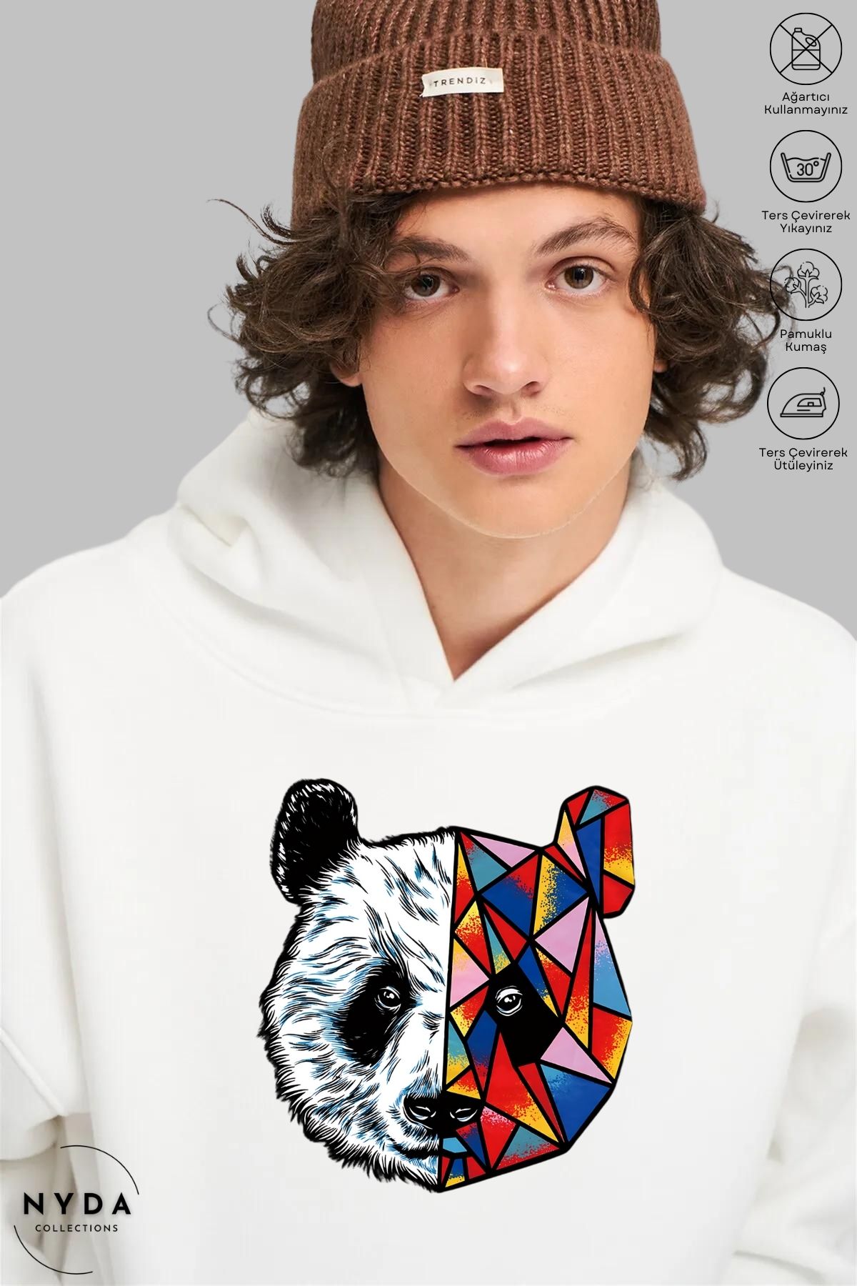 Nyda Collections Unisex Hoodie Uzun Kollu Renkli Panda Baskılı Kapüşonlu Şardonlu Sweatshirt Oversize Pamuk