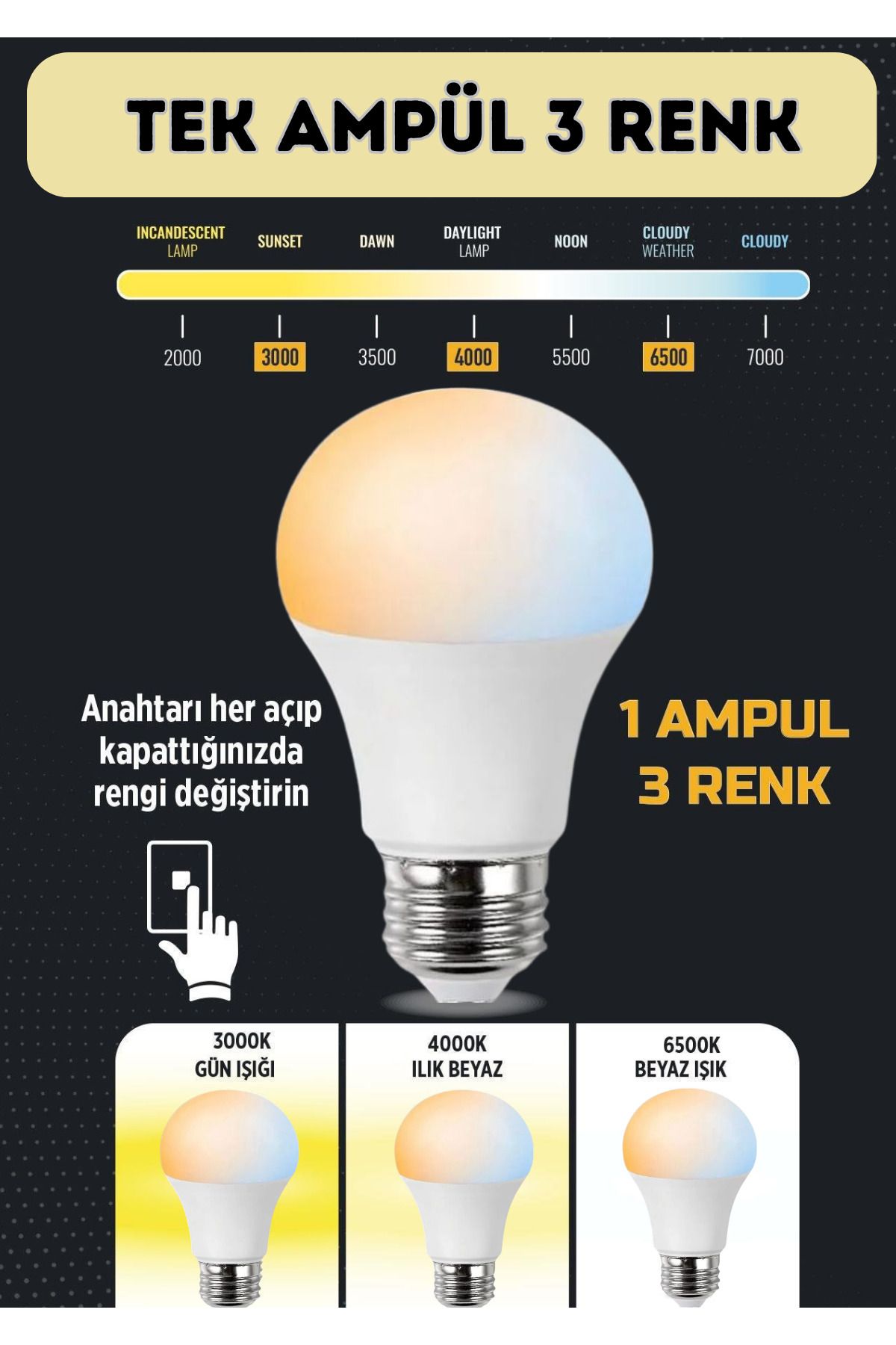 Voxify Tek Ampül 3 Renk 3500k, 4000k, 6500k Aç Kapa Değiştir, 10w  Led Ampül - Dim Edilir