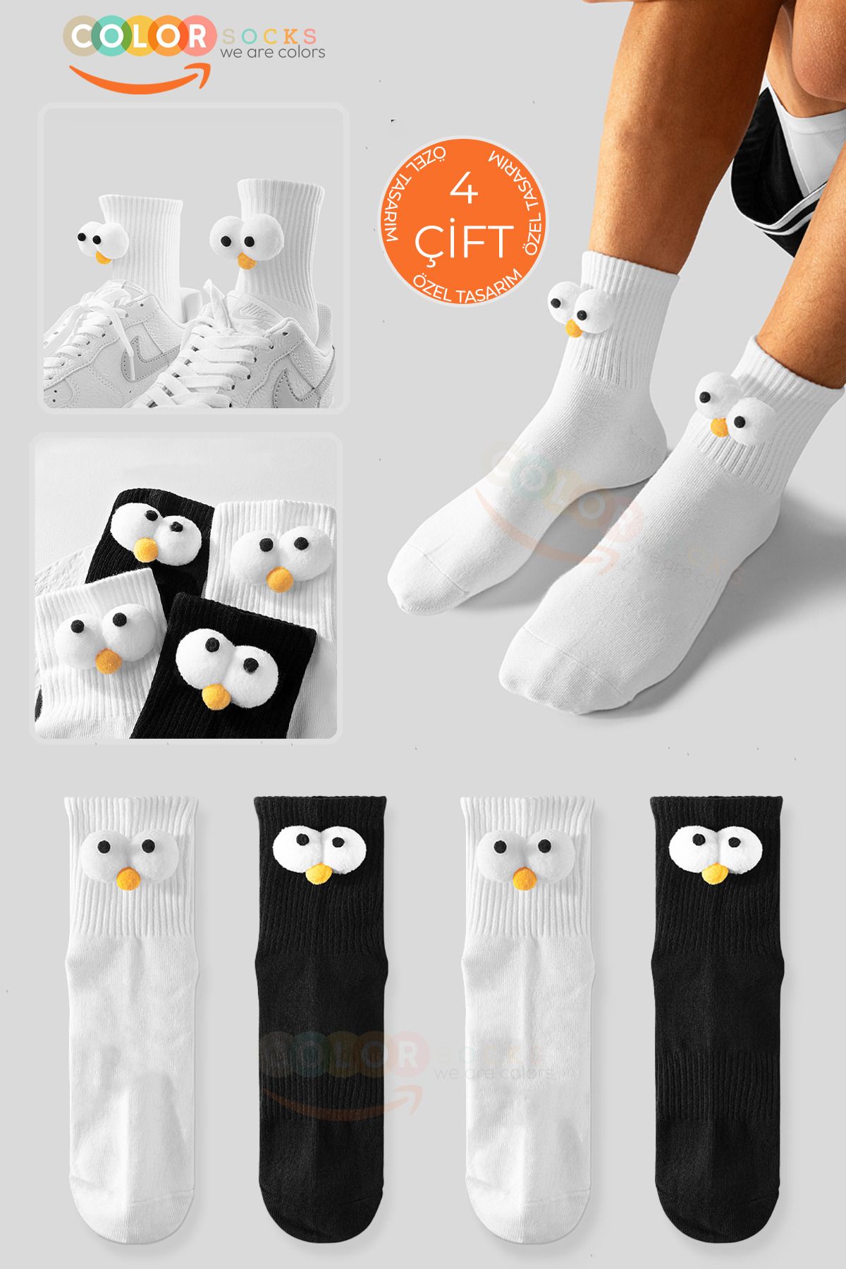 Color Socks 4 Çift Unisex Eğlenceli İri Gözlü Beyaz Siyah Çorap Seti