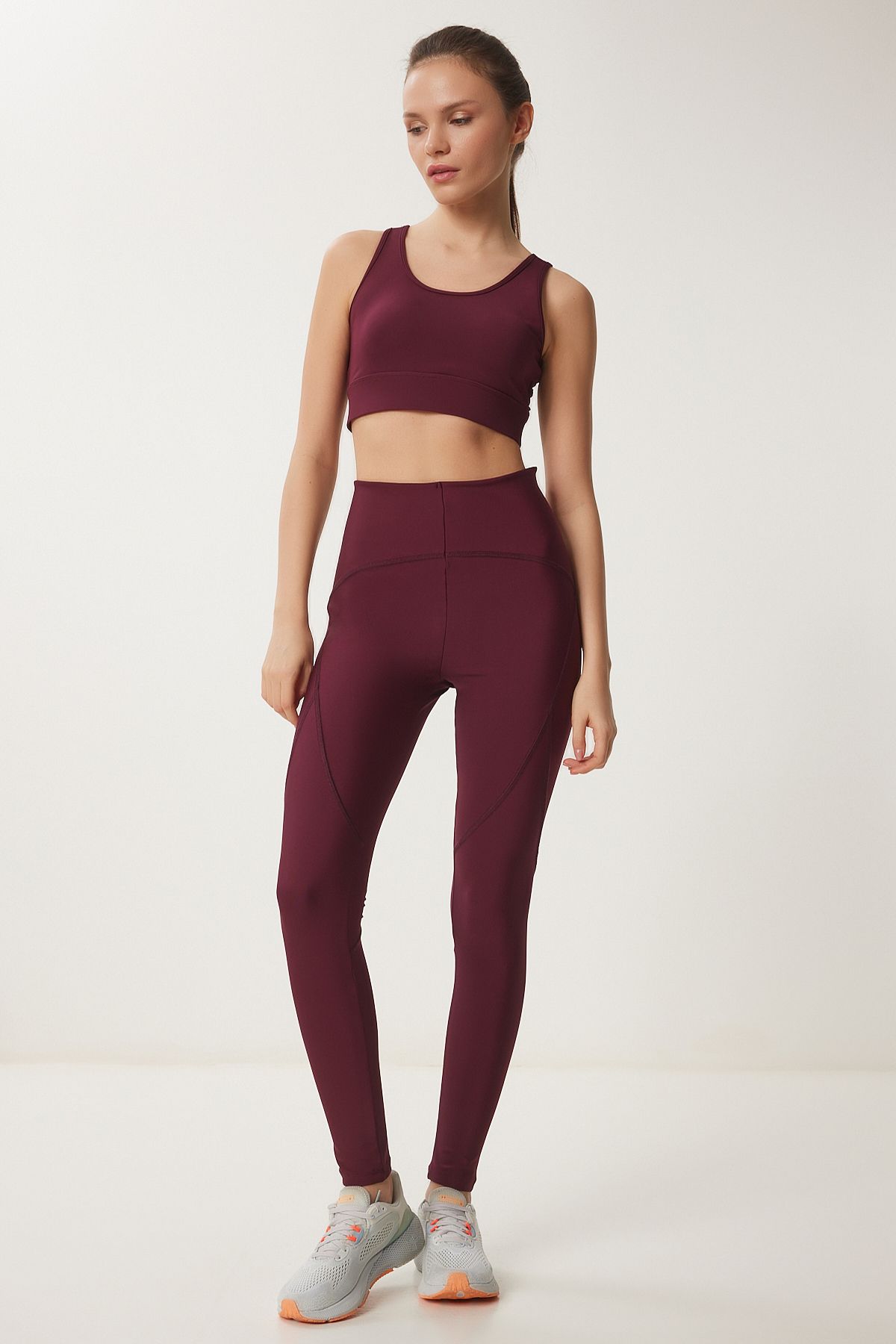 Happiness İstanbul Damskie Legginsy Sportowe Dzianinowe Burgundy Recovery - Vx00006 Kobieta - 40