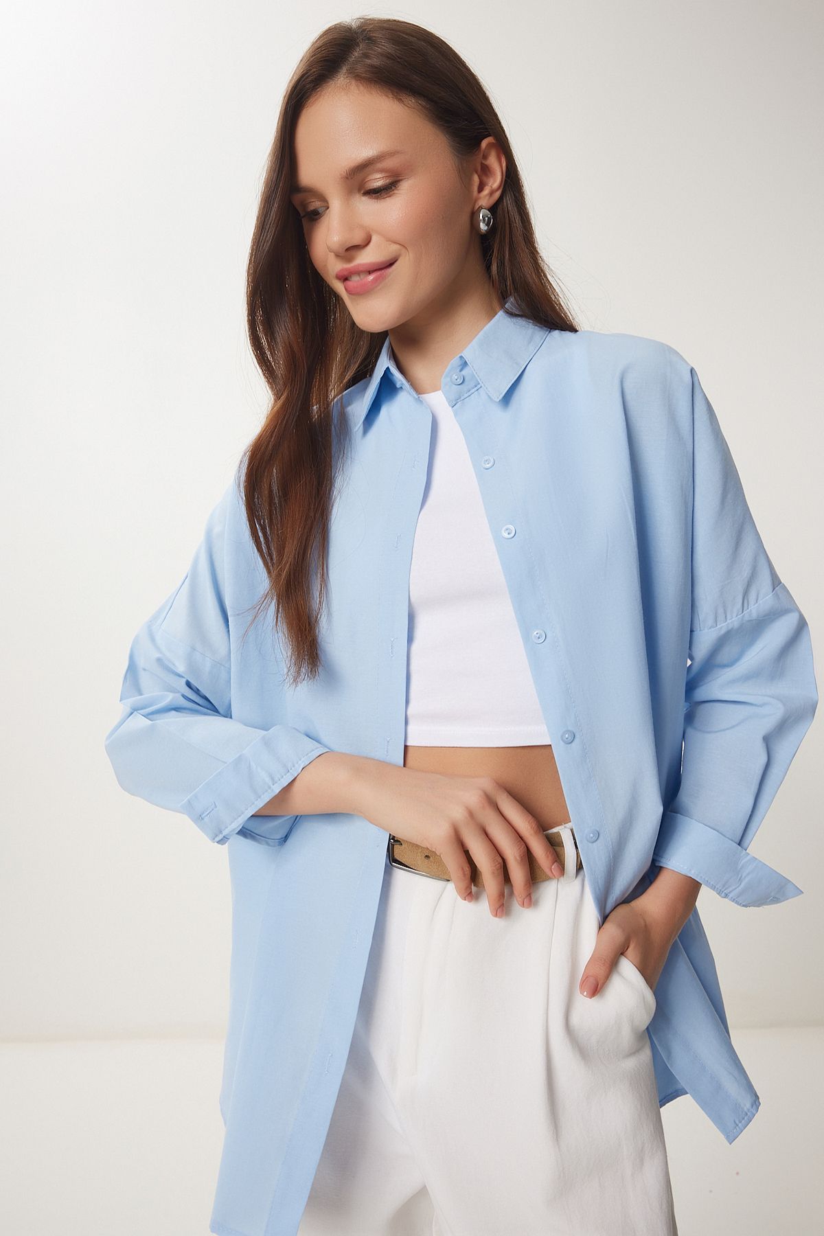 Happiness İstanbul-Cămașă de bază lungă oversize albastră pentru femei DD00842 3