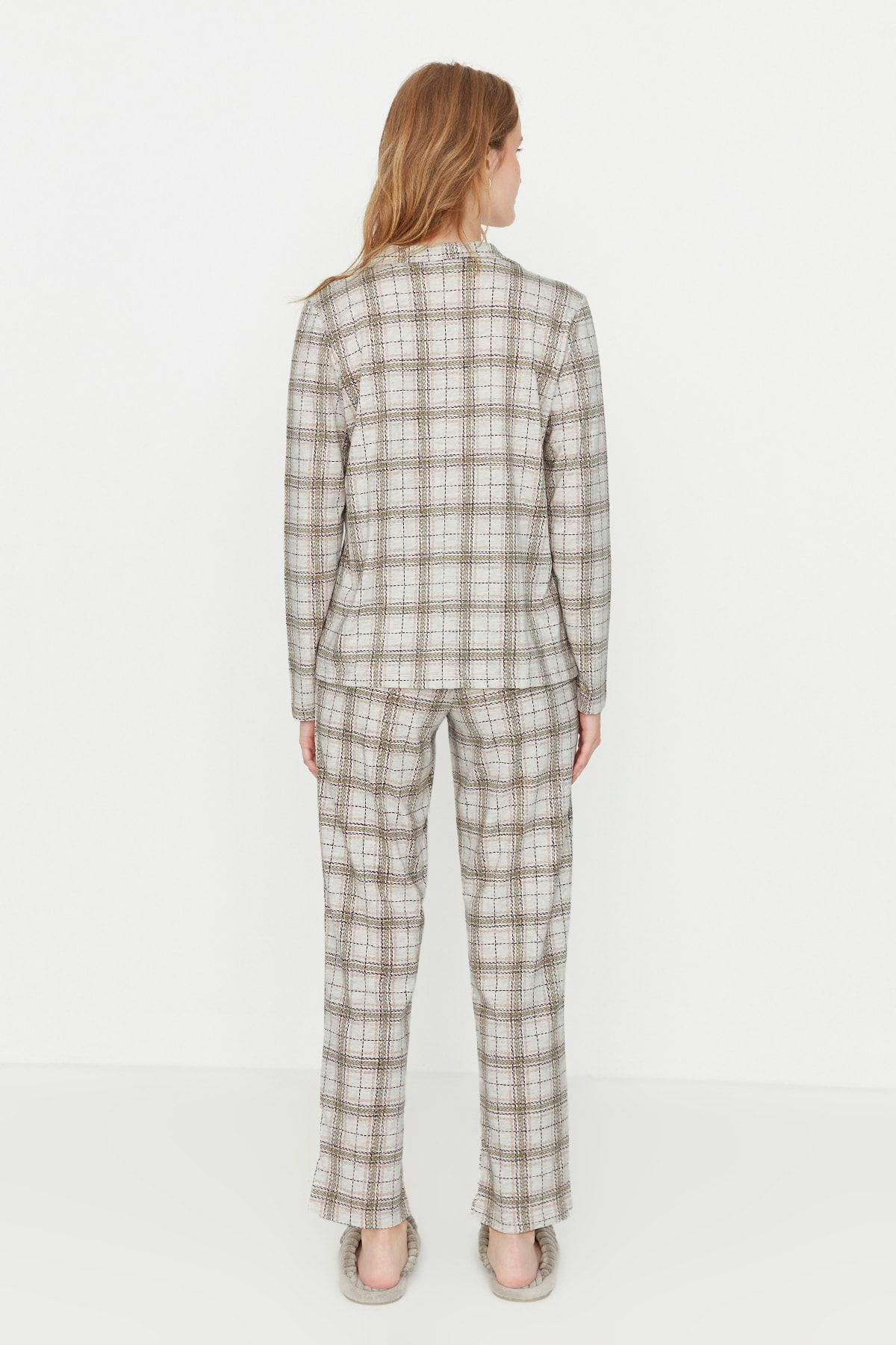 Trendyol Collection-Beige kariertes Strick-Pyjama-Set, 100 % Baumwolle – THMAW20PT0266 6