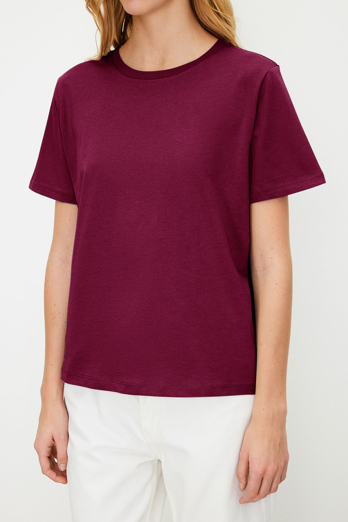  TRENDYOLM?LLA Koyu Vi?ne %100 Pamuk Basic Bisiklet Yaka ?rme T-Shirt