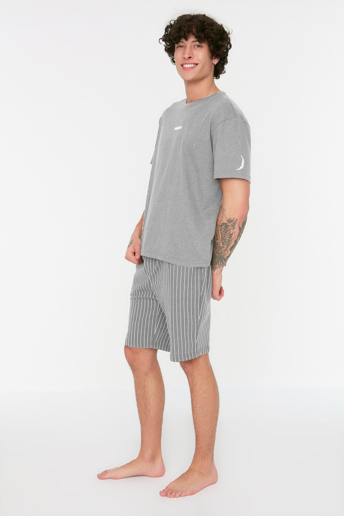 Trendyol Collection-Grey Striped Regular Fit Shorts Pajama Set - Thmss21Pt1005 9