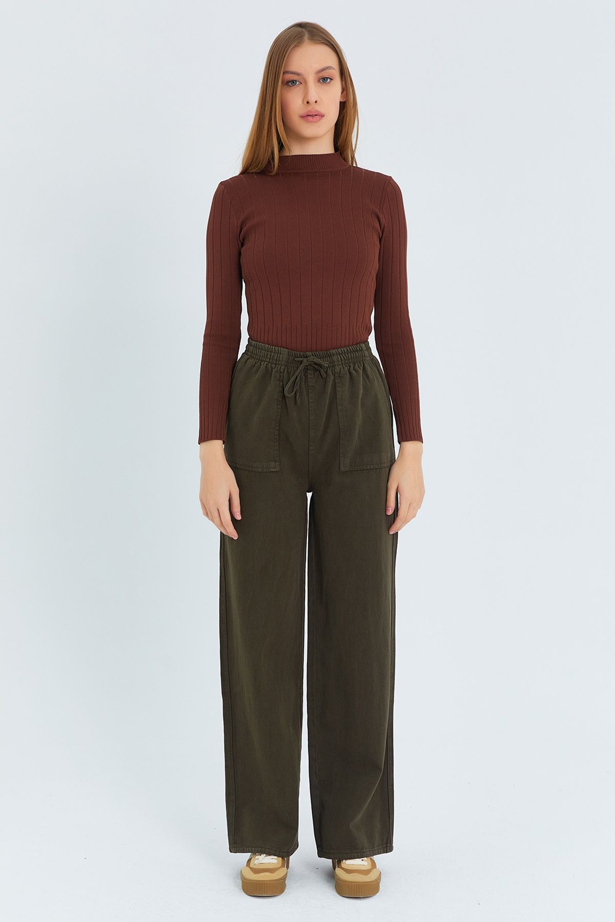 Trendyol Collection-Denim Look Wide Leg Khaki Trousers with Pocket Detail, Twoss25Pl00076 3