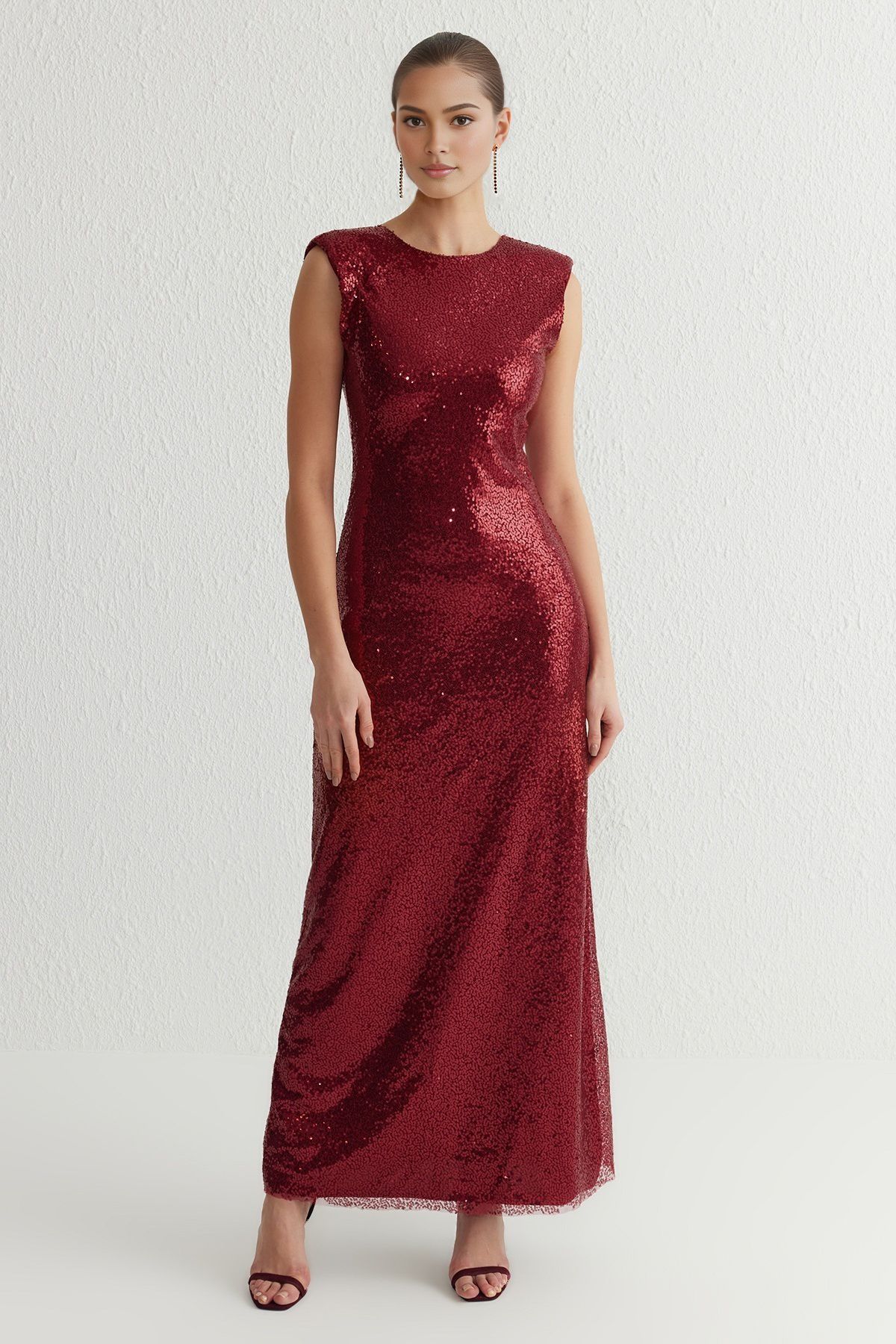 Trendyol Collection Burgundowa Sukienka Wieczorowa Z Cekinami I Ozdobnymi Plecami Tprss25ae00003 Kobieta - 36