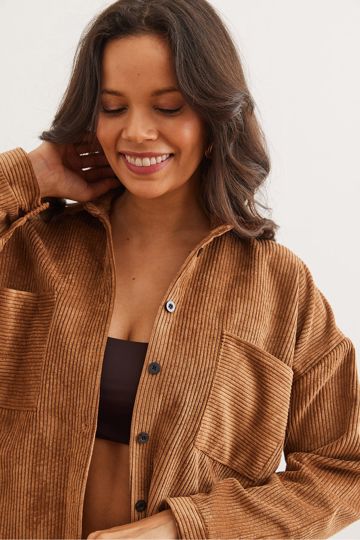 Olalook-Women's Milk Coffee Double Pocket Thick Corduroy Shirt Gml- 19001263 4