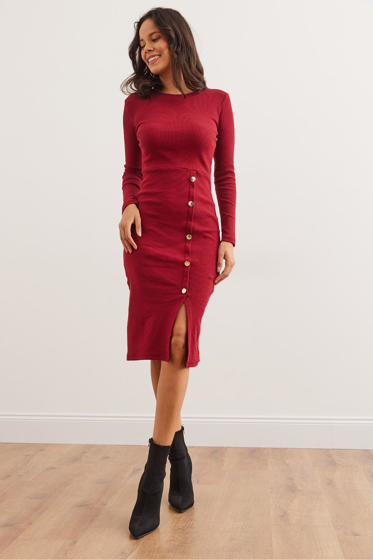 Kadın Bordo Düğme Detaylı Yırtmaçlı Midi Esnek Elbise ELB-19002256