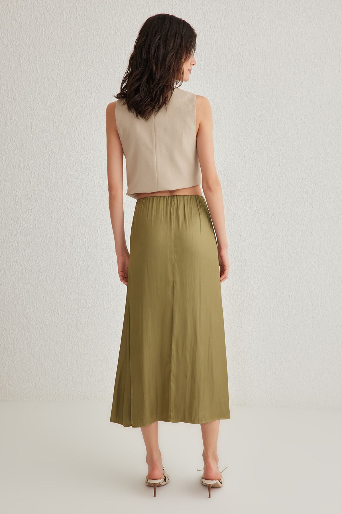 Trendyol Collection-Khaki Satin Lfabric A-Line Midi Skirt Twoss25Et00016 5