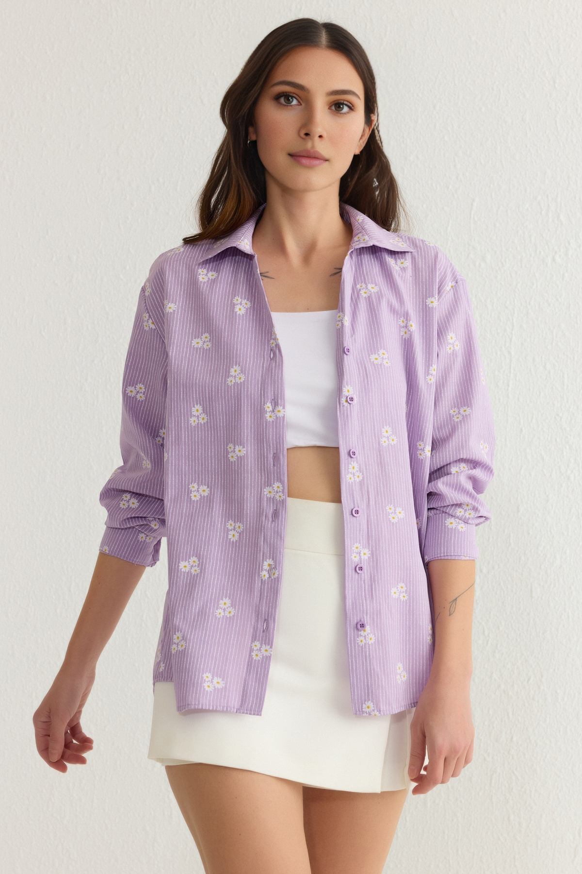 Trendyolmilla  Lila Çizgili Çiçek Desenli Pamuklu Oversize Geniş Kalıp Dokuma Gömlek TWOSS23GO00373 - Görsel 2