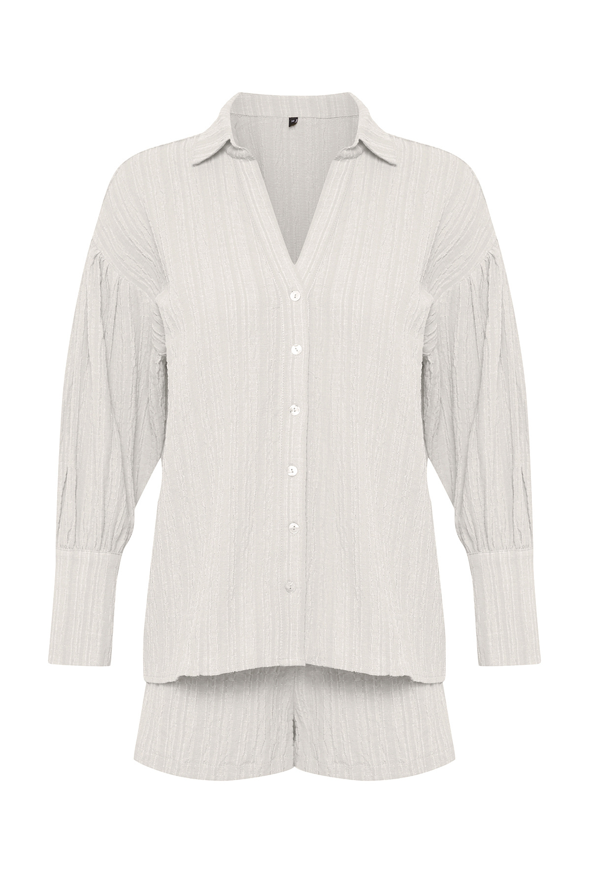 Trendyolmilla  Ekru Dokuma Büzgülü Plaj Mini Yüksek Bel Gömlek-Şort Takım TBESS25AU00025 - Görsel 6