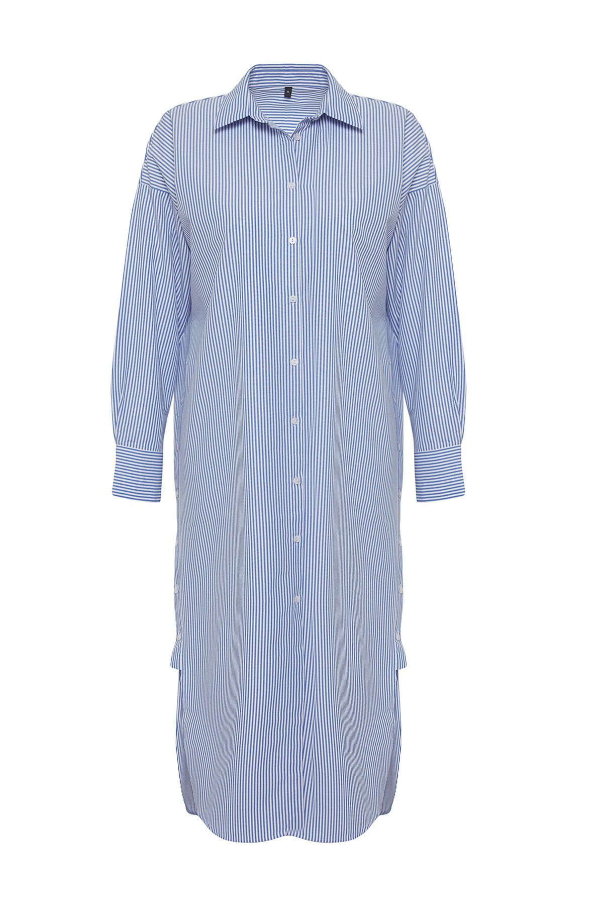 Trendyol Collection-Modro-vícebarevné šaty v hladkém střihu Maxi tkaný proužek 49 % Polyester, 48 % Bavlna, 3 % Elastan 6