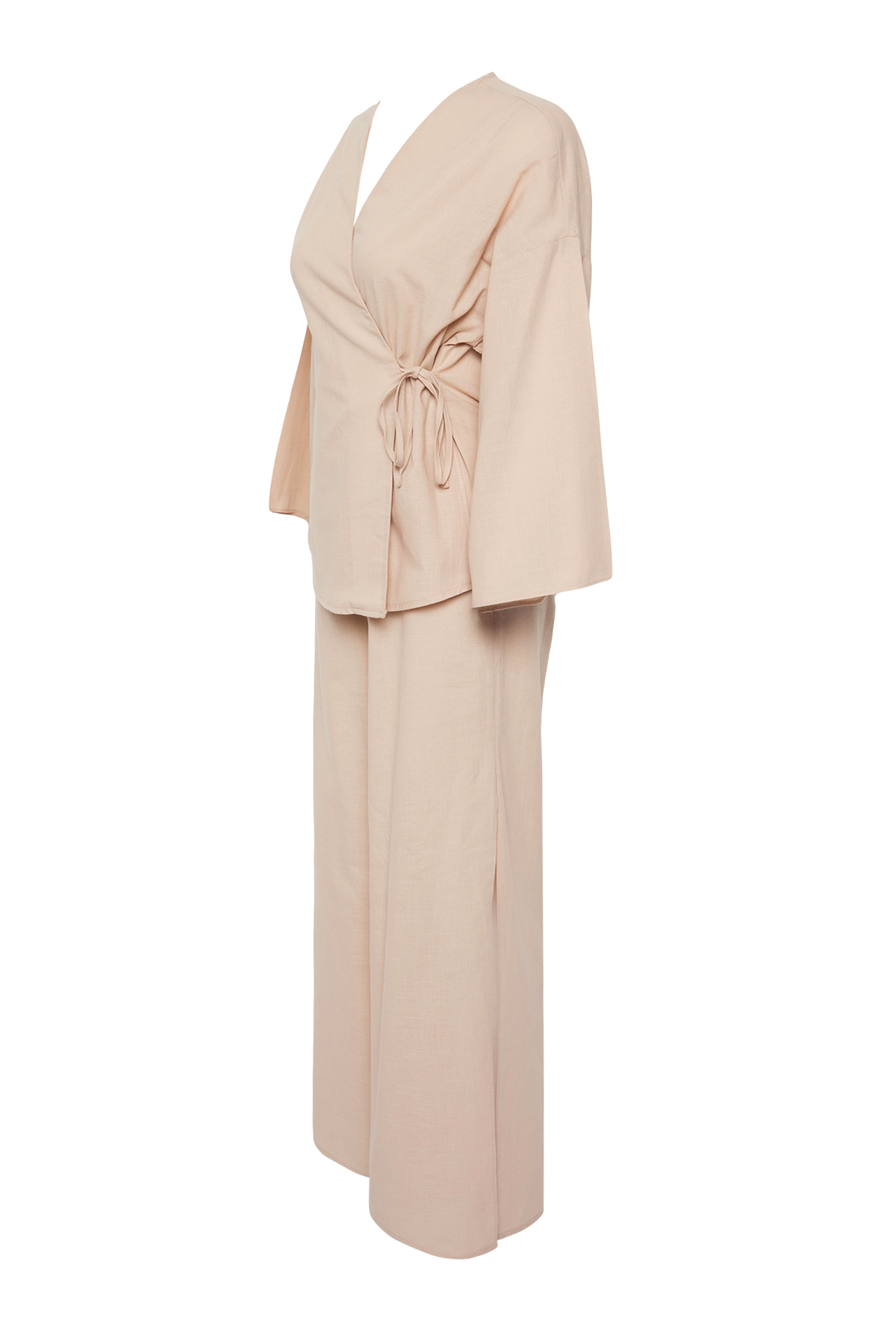 Trendyolmilla  Bej Dokuma Bağlama Detaylı Maxi Plaj Yüksek Bel Gömlek-Pantolon Takım TBESS25AU00007 - Görsel 6