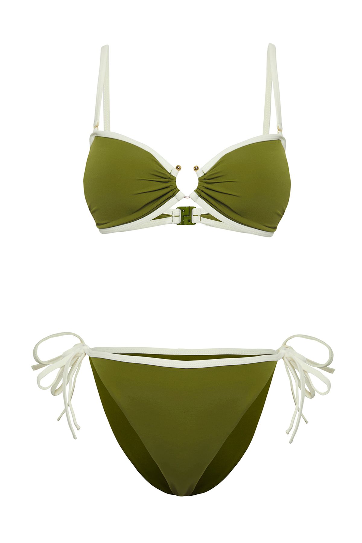 Trendyol Collection-Khakifarbenes, trägerloses, kontrastfarbenes, geripptes, reguläres Bikini-Set TBESS25BT00017 5