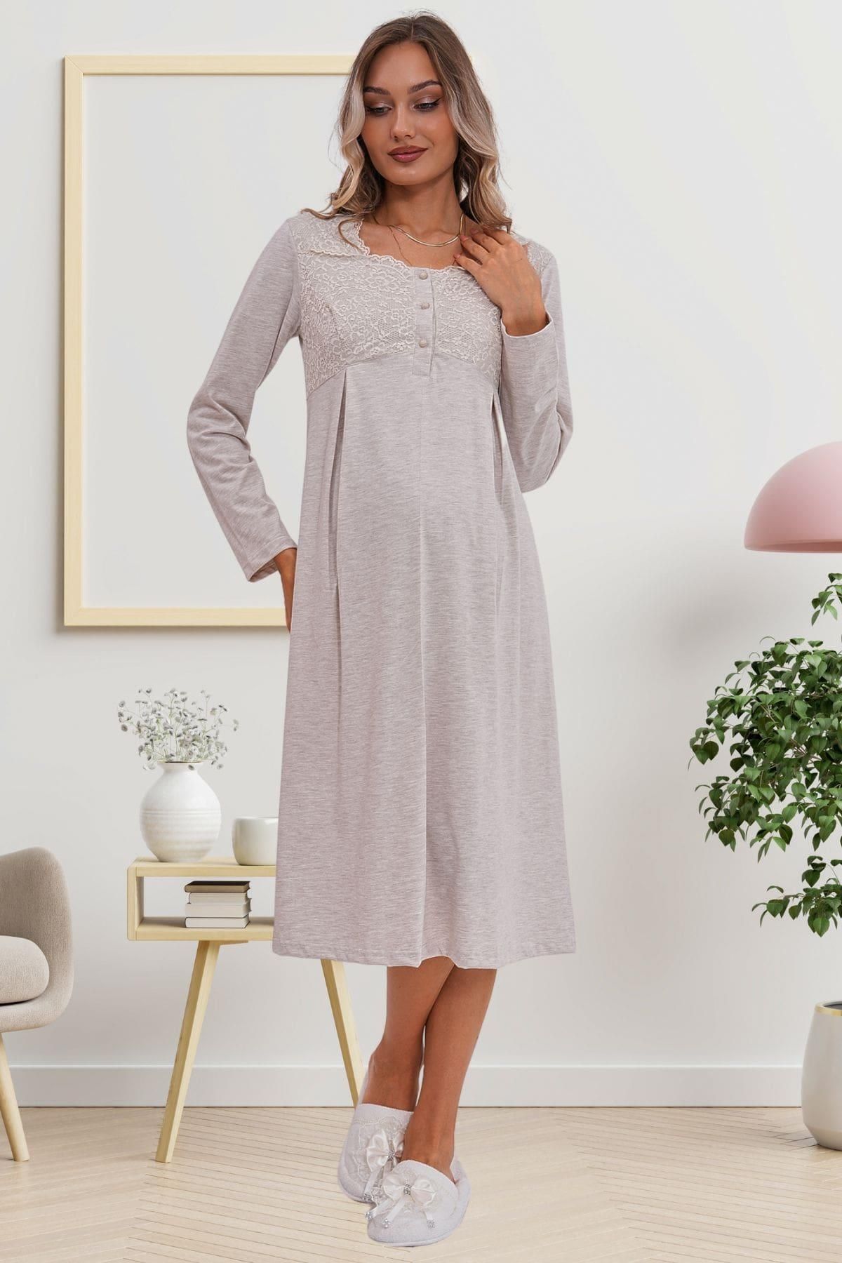 Mecit Pijama-Maternity-Maternity Nightgown 2-Piece Set with Button Collar, Cotton Long Sleeve Dressing Gown 2