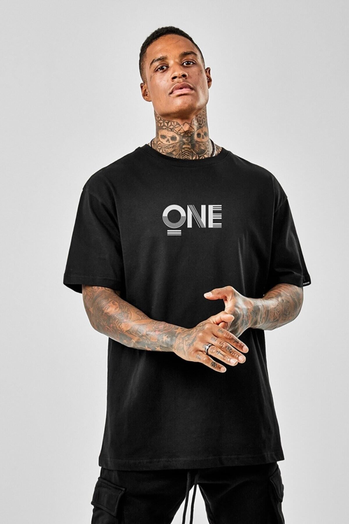 New Shine "one" Baskılı Siyah Oversize Erkek Tshirt