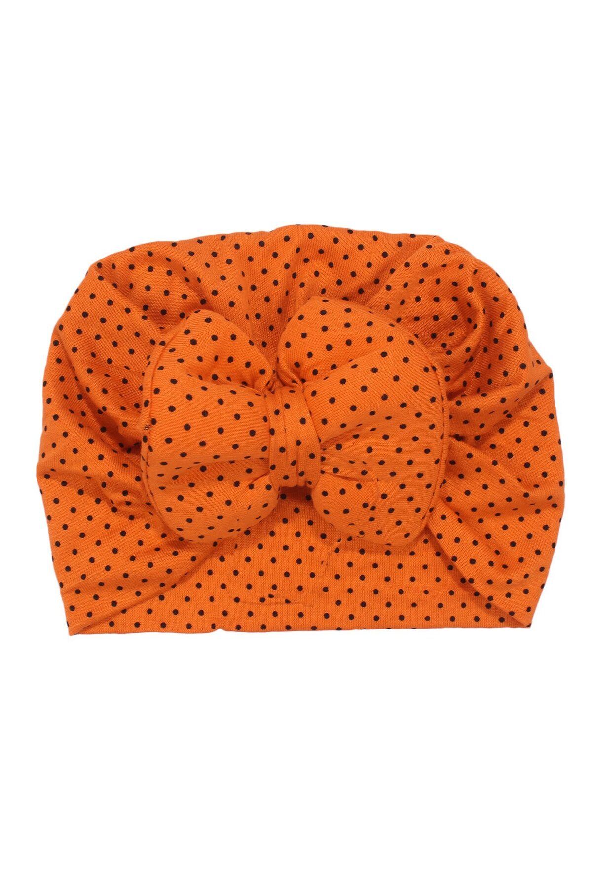 bebegen-Baby Girl Orange Black Small Polka Dot Combed Cotton Bonnet 1