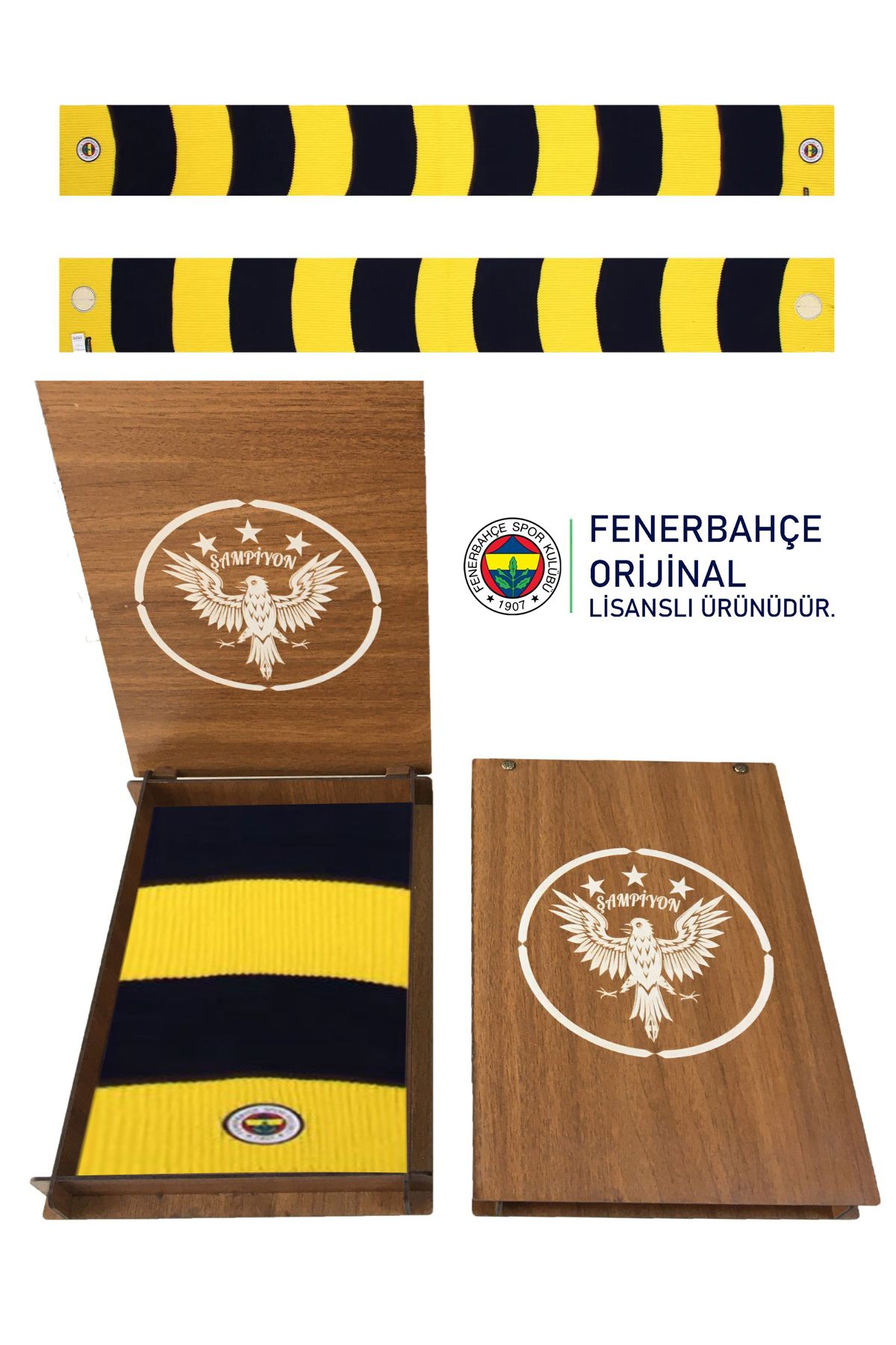 Fenerbahçe Orijinal Çubuklu Sarı Lacivert Kaşkol Atkı Ahşap Kutu