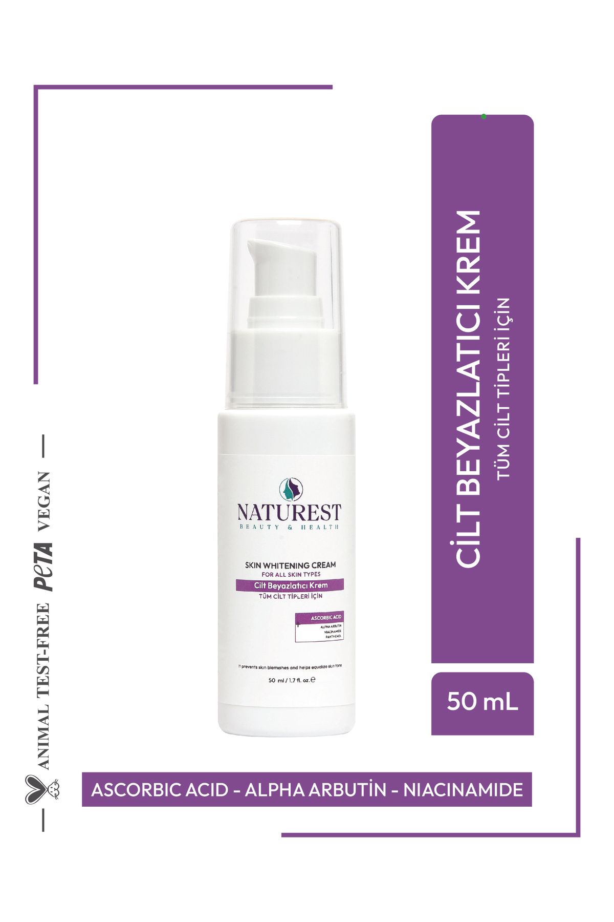 NATUREST BEAUTY & HEALTH Leke Karşıtı Cilt Beyazlatıcı Krem | Tüm Cilt Tipleri | 50 ml C Vitamini Alpha Arbutin Panthenol