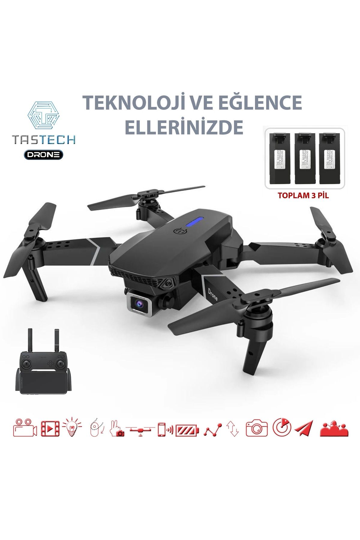 Genel Markalar E88  4K HD ÇİFT KAMERALI DRONE APP KONTROL WİFİ Lİ KATLANABİLİR  X3 BATARYA