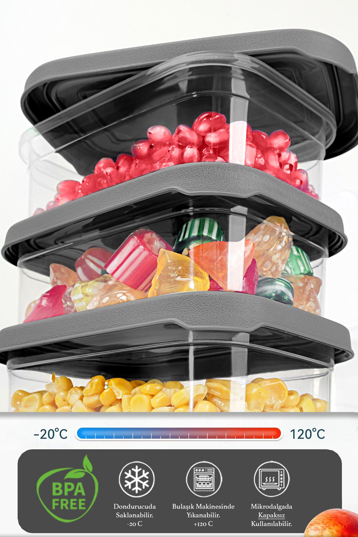 Meleni Home-6 Pieces Gray Rectangular Food Storage Container - 740ml Microwavable Organizer 3