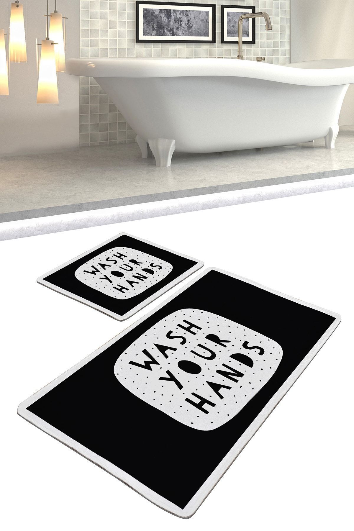 Chilai Home Wash Your Hands Black Djt 2'li Set Banyo Halısı Klozet Takımı